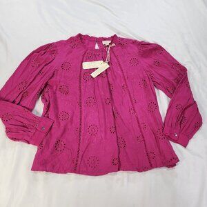 Nicole Miller Top L Artelier Embroidered Ruffle Eyelet Boho Hot Pink NWT